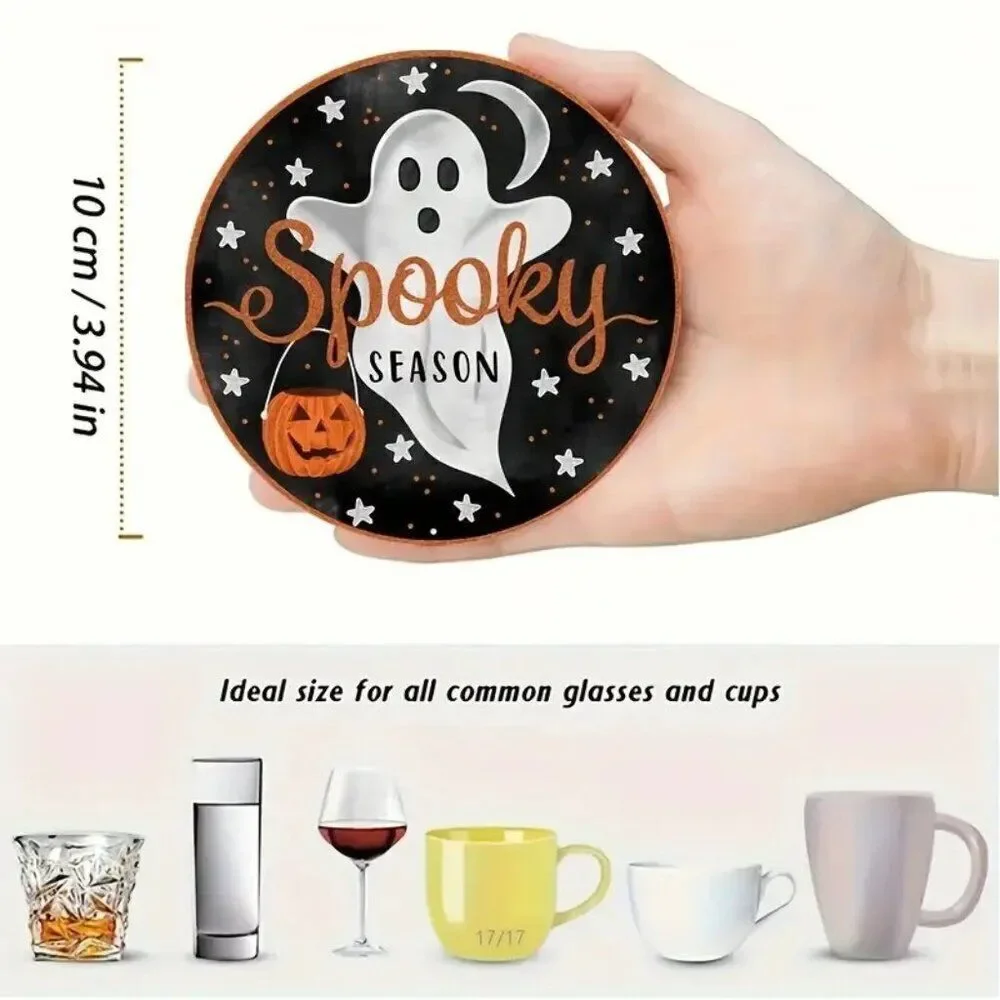 8pcs Halloween-Themed Wooden Coasters 3.94x3.94 Non-Slip Heat-Resistant Pads